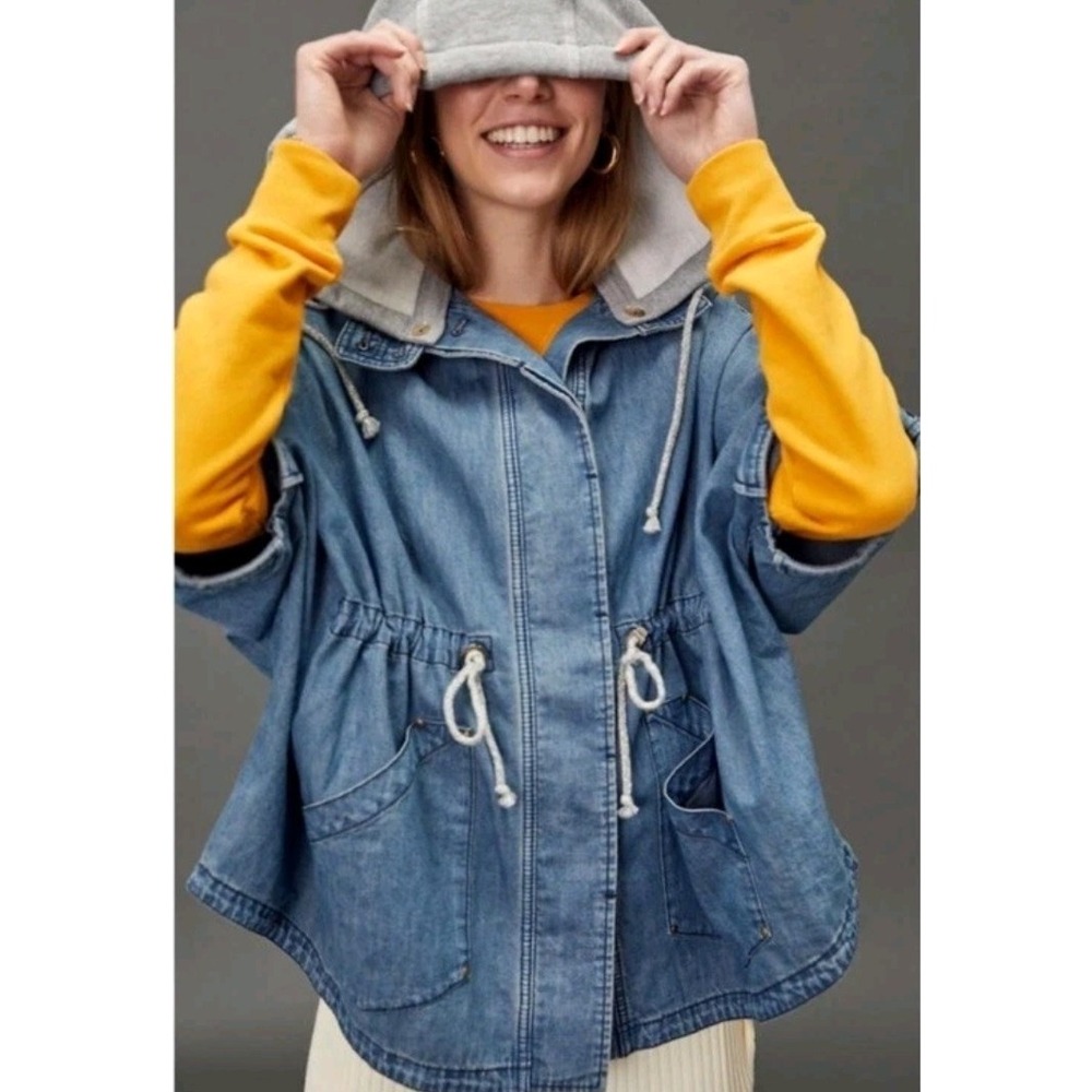 Anthropologie Pilcro Denim Kimono Denim Jacket Size‎ XS/S Hooded Buttons Blue
